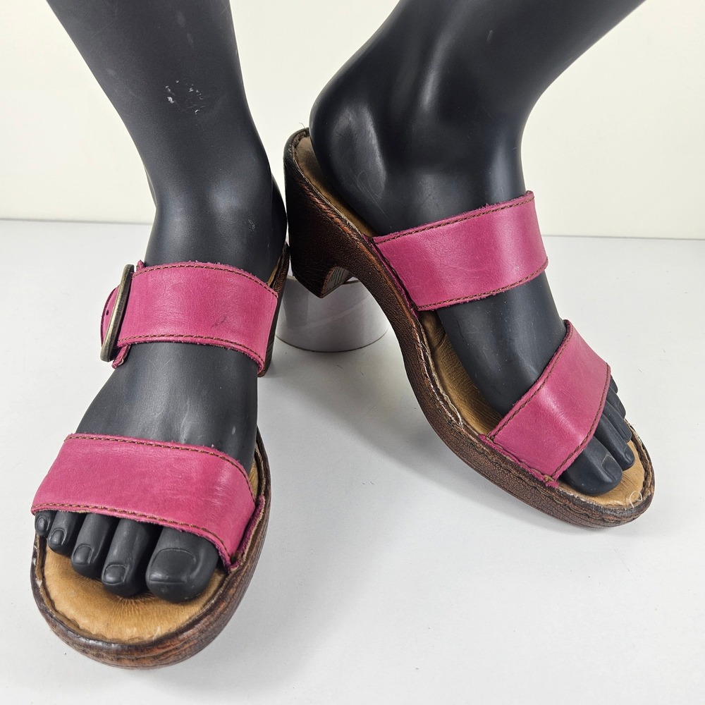 Born Tinari Womens 7 Raspberry Pink Leather Slide Sandals Wood Heel Buckle Clogs